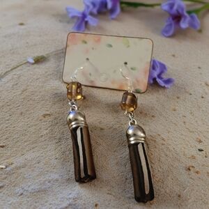 Hand CraftedChic Silver and Brown Glass Beaded Suede Fringe Dangle Earrings